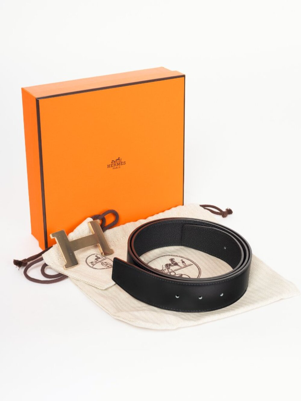 Hermes Noir/Noir Reversible Odyssee/Epsom Leather Belt w/ Gold-Plated Brass H